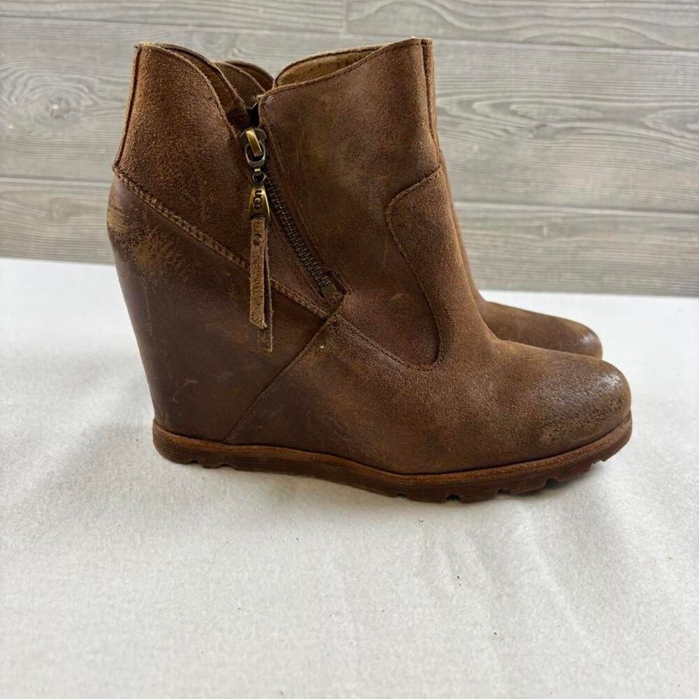UGG Myrna Brown Leather Wedge Ankle Boots Women’s 8.5 Zip 1008715
